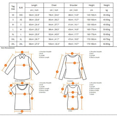 Size chart and measurement guide for clothing with diagrams of shirts and dresses.