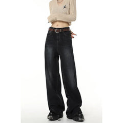 Jeans Women Navy Blue High Waist Vintage Wide Leg Baggy American Streetwear Denim Trouser Fashion