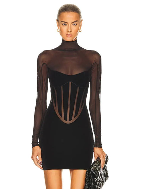 Mini Dress Women Turtleneck Long Sleeve Mesh Black Bodycon Bandage Elegant Evening Club Party Dress