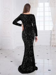 Royal Blue Long Sleeve Sequin Mermaid Dress Women Bodycon Floor Length Elegant Evening Party