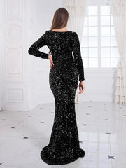 Royal Blue Long Sleeve Sequin Mermaid Dress Women Bodycon Floor Length Elegant Evening Party