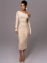 Midi Dress Women Diagonal Collar Long Sleeve Mesh Backless Ruched Bodycon Club Party Dress