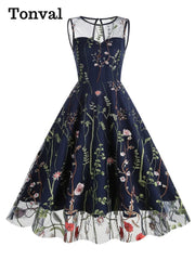 Midi Dress Women Floral Embroidered Mesh Overlay Vintage High Waist Elegant Party Summer Long Dress