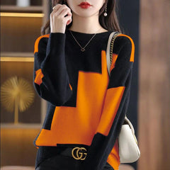 Knit Pullover Sweater Women O-Neck Spliced Color Block Korean Style Casual Fashion Top