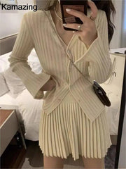 Skirt Set Women Elegant Pleated 2-Piece Slim Button Knitted Cardigan High Waist Mini Skirt Fashion
