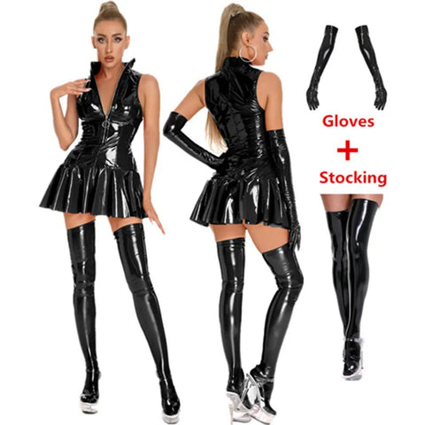 Black PVC Wet Look Bodycon Mini Dress Women 3 Piece Set with Gloves Stockings Front Zipper Sleeveless Clubwear
