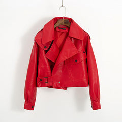 Faux Leather Biker Jacket Women Turndown Collar Loose Casual Streetwear Outerwear Fashion