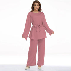 Plus Size Pant Set Women 2-Piece Lace-Up Solid Pattern Loose Fit Casual Fashion Outfit
