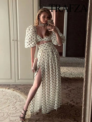 Polka Dot Print Skirt Suit Cropped Short Sleeves Square Neck Top Slit High Waist Chic Skirt Vintage Set