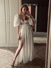 Skirt Suit Women Polka Dot Print Cropped Square Neck Top Slit High Waist Chic Vintage 2-Piece Set
