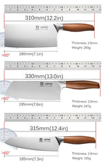 Three knives with measurements and specifications on a white background