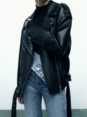 Faux Leather Biker Jacket Women Relaxed Fit Motorcycle Black Belt Casual Streetwear Outerwear Fashion