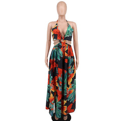 Elegant Backless Maxi Long Dress Women's Floral Halter V-neck Dress with Chain & Split