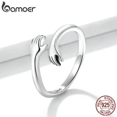 Hugging Hands Ring Women 925 Sterling Silver Platinum Plated Adjustable Love Symbol Jewelry Gift