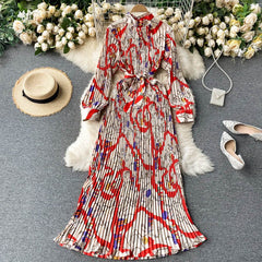 Stand-Up Collar Pleated Maxi Dress Women Retro Printed Long Casual Elegant Fashion Dress