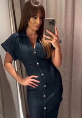 Denim Midi Dress Women Button Down Lapel Collar Slim Waist Long Sleeve Jean Dress Casual