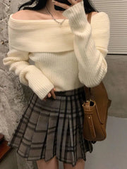 Off Shoulder Sweater Women Long Sleeve Knitted Elegant Pullover Y2K Autumn Winter Casual Fashion