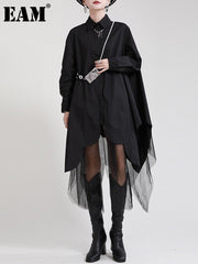 Long Sleeve Lace Shirt Dress Women Black Irregular Hem Loose Fit Plus Size Casual Fashion