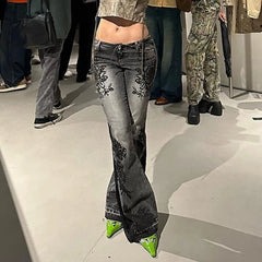 Flare Jeans Women Y2K Distressed Floral Print Low Rise Slim Retro Streetwear Denim Trousers