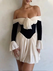 Mini Dress Women Elegant Strapless Backless Off-Shoulder Long Flare Sleeve Pleated Clubwear Party Dress