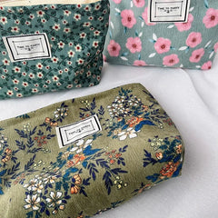 Makeup Bag Corduroy Retro Flower Print Organizer Clutch Cosmetic Travel Pouch Beauty Storage Case