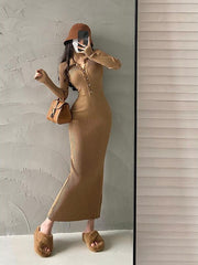 Long Sleeve Knit Slim Maxi Dress Women Collar Elegant Casual Party Winter Fashion Dress