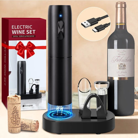 Electric wine opener set with wine bottle, corks, and packaging on a white background