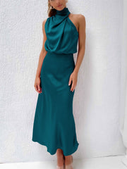 Satin Women's Evening Party Sleeveless Midi Dress High Asymmetrical Neckline Wedding Guest Dress