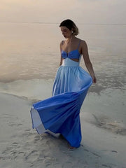 Maxi Dress Women Gradient Color Hollow Out Pleated V-Neck Sleeveless Loose Vacation Summer Boho Dress