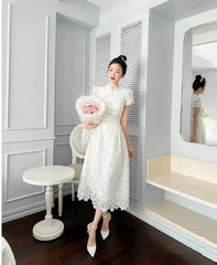 Midi Dress Women Flower Embroidered White Lace Short Sleeve Bow Pearl Bead Evening Prom Holiday Dress