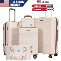 Set of beige suitcases with brown handles and wheels on a white background, with delivery and shipping information displayed.