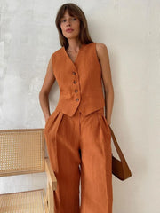 Women's Linen Cotton Chic Vest & Pant Suit Two-Piece Set Office Casual Spring Summer Chic 2-Piece Set