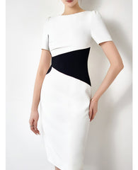 Color Blocked Bodycon Midi Dress Women O-Neck Chic Sheath Pencil Casual Fashion Dress