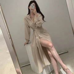 Midi Dress Women Vintage French Style Long Shirt Elegant Waist Lace Party Autumn Casual Fashion