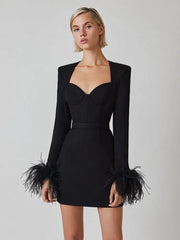 Mini Dress Women Long Sleeve Feather Hot Pink Black Bodycon Bandage Elegant Evening Party Wedding Guest