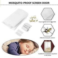 Mosquito-proof screen door with installation components and benefits on a white background.