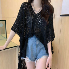 Hollow Out Knit Sweater Women Short Half Sleeve Casual Chic Everyday Fashion Top