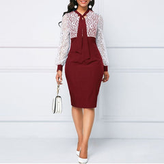 Lace Patchwork Midi Dress Women Scarf Collar Bodycon Knee Length Elegant Evening Party Fashion
