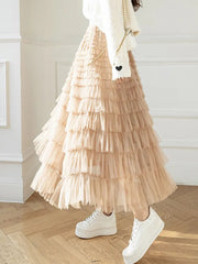 Tulle Midi Skirt Women Layered Ruffle Mesh Puffy Cake A-Line Elegant Vintage Elastic Waist Fashion