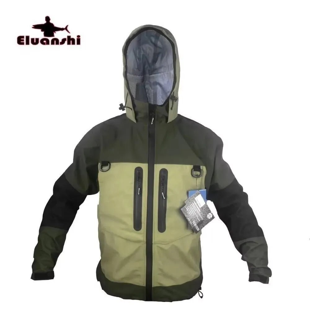 Green and black jacket with a hood on a white background, featuring the Eluanshi brand.
