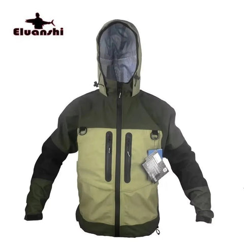 Green and black jacket with a hood on a white background, featuring the Eluanshi brand.
