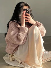Vintage Knit Cardigan Women Solid V-Neck Single Breasted Casual Loose Thick Elegant Winter Fashion