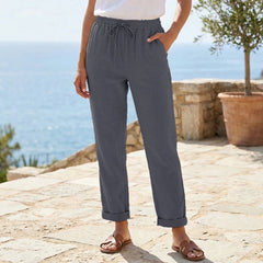 Cotton Linen Straight Leg Pants Women Elastic Waist Drawstring Casual Breathable Fashion