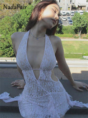 Mini Dress Women Lace V-Neck Halter Tassel Sheer Backless Party Clubwear Elegant Summer Dress