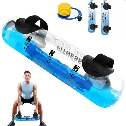 Fitness Aqua Water Weight Bag with weight markers, man using Fitness Aqua Water Weight Bag, and additional resistance bands on a white background