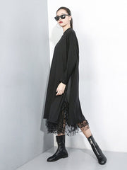 Long Sleeve Mesh Maxi Dress Women Black Dot Split Joint Loose Round Collar Casual Fashion Dress