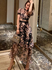 Maxi Dress Women Embroidered Mesh Sequin Flower Pattern High Quality Chic Elegant Summer Long Dress