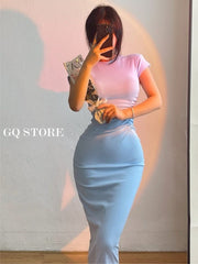 High Waist Slim Hip Maxi Dress Women Short Sleeve Round Neck Casual Elegant Fashion Dress