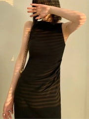 Midi Dress Women Elegant Sleeveless Bodycon Spaghetti Strap Vintage Slim Chic Cocktail Party Birthday