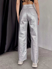 Metallic Straight Loose Fit Pants silver